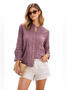 Ex Voto Olivia Plum Pintuck Lace Cotton‎ Blouse Quiet Luxury Boho NWT